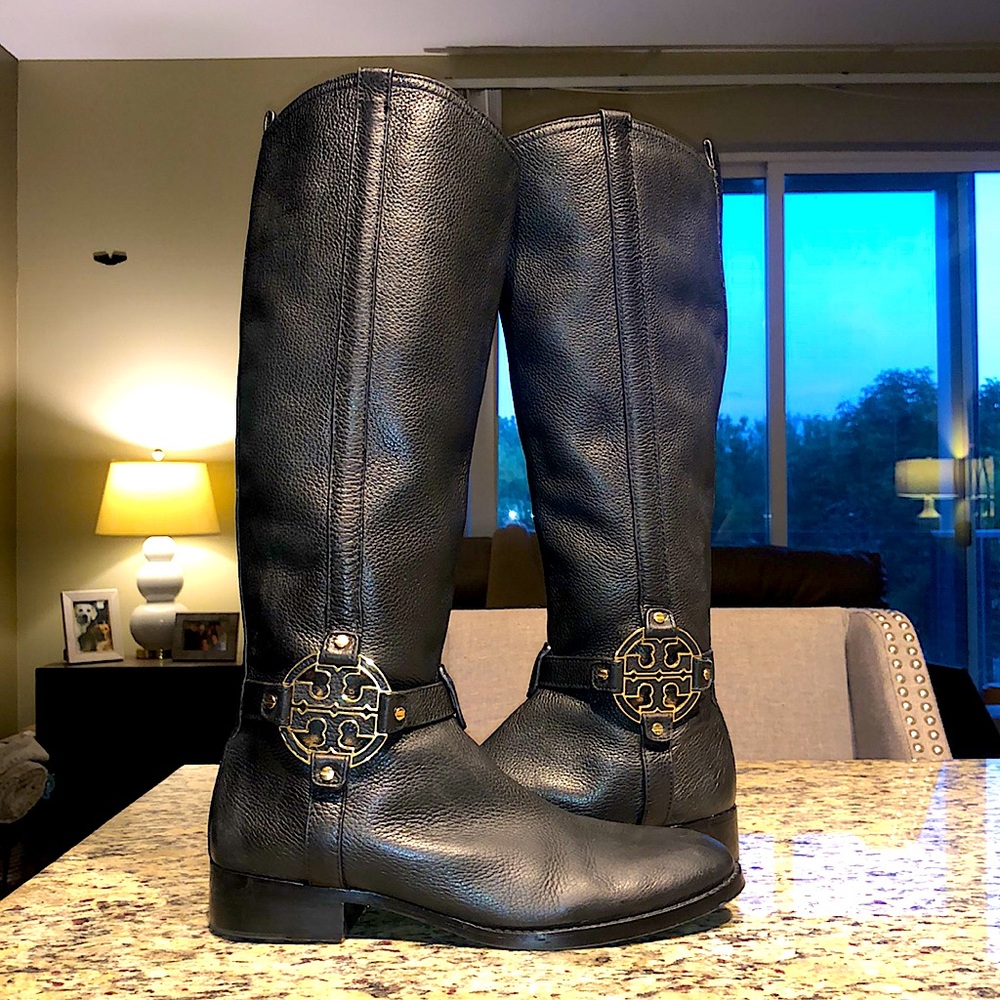 Tory Burch black leather boots with gold detail